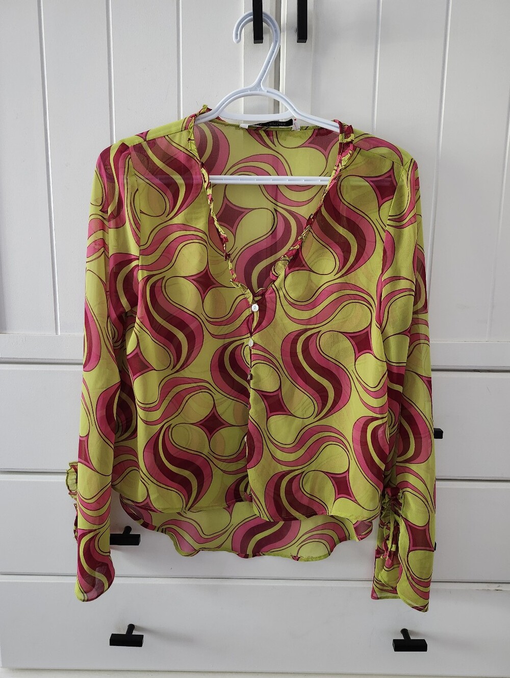 Zara Women’s Green and Pink Swirl Button-Front Blouse Sz S/M